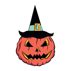 Vector Pumpkin Witch Hat Cartoon Retro Style Illustration Isolated