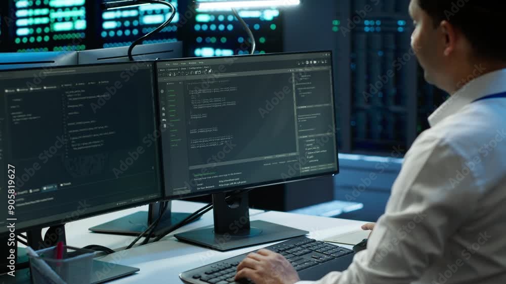 Poster engineer overseeing data center, making routine improvements and updates to ensure system can handle