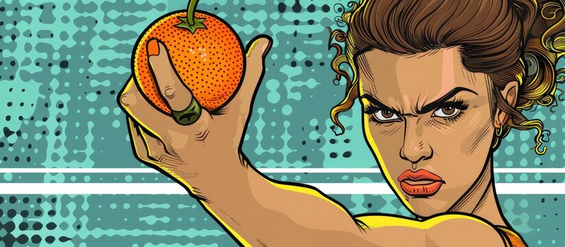 Young hispanic woman holding an orange showing fist to camera aggressive facial expression