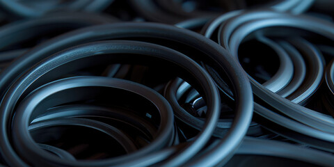 Close-up of lots of high-quality rubber gaskets, black essential component for automotive and machinery, auto parts store