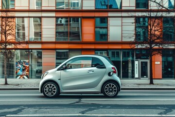 A smart car parked on the side of the road, perfect for urban or cityscape photography