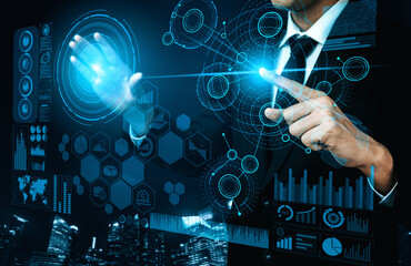 Big Data Technology for Business Finance Analytic Concept. Modern interface shows massive information of business sale report, profit chart and stock market trends analysis on screen monitor. uds