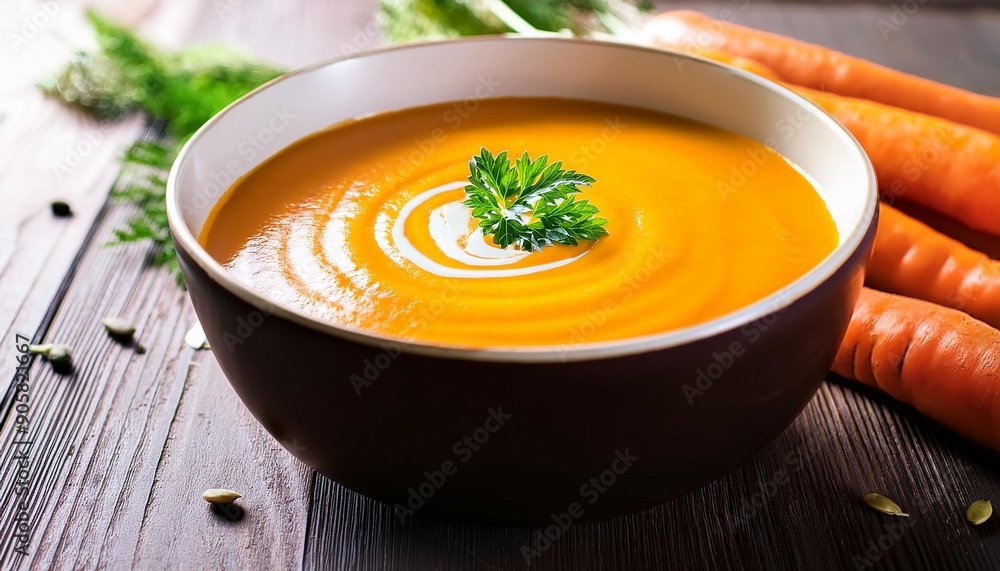 Wall mural carrot cream soup on the wood table