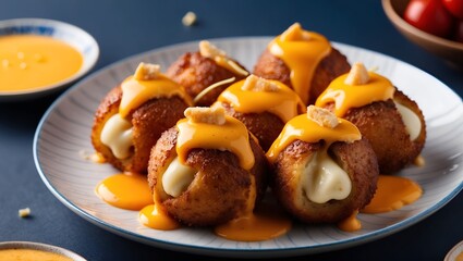 Cheese Takoyaki - Filled with gooey cheese and topped with a cheese sauce.
