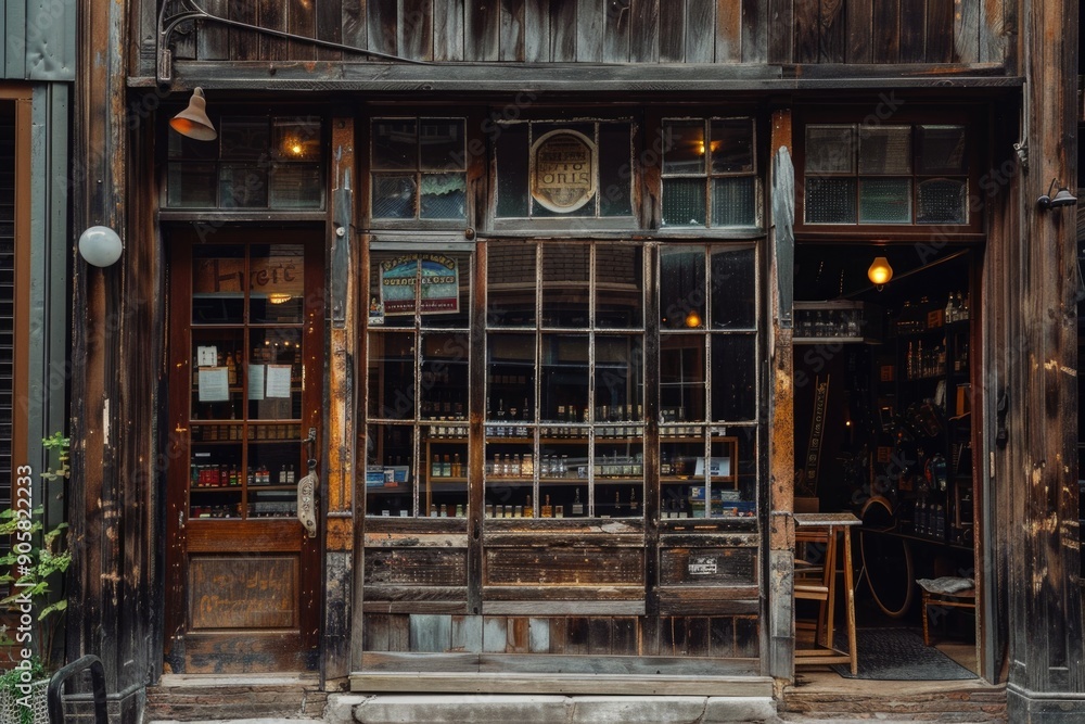 Poster exterior view of a storefront with a bench outside