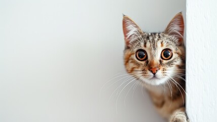Obraz premium Adorable tabby cat peeking around white wall