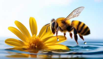 3d render of cute bee flying in water with yellow flower