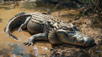 Fototapeta premium Close-up of a Crocodile Resting in a Swamp