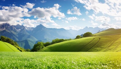 green field on the horizon panoramic green field landscape view blue mountains background and...