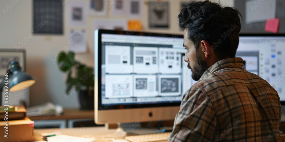 Poster man focused on computer screen, working on design projects at home office with cozy atmosphere.