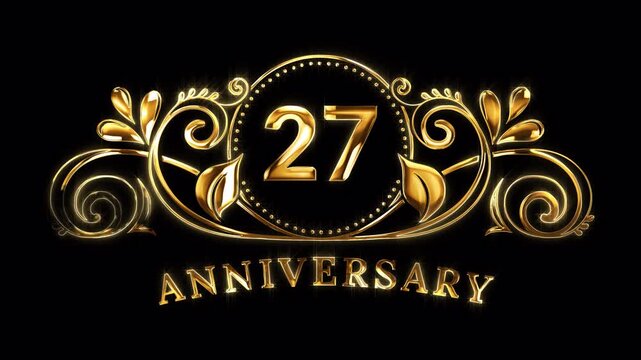 27th Anniversary Celebration. Happy 27 Years Anniversary Animation in Gold Color on the Transparent Background, Alpha Channel. Great for greetings, celebrations, events, and gifts.