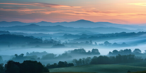 Scenic view of a misty mountain valley with layers of trees and hills at sunrise.