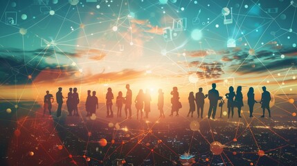 Multinational people with global communication network in composite visual for advertising