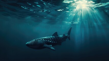 Fototapeta premium Majestic whale shark swims gracefully in deep blue ocean waters with sunlight filtering through above