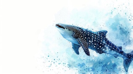 Digital watercolor of whale shark swimming in clear blue water with splash effect background