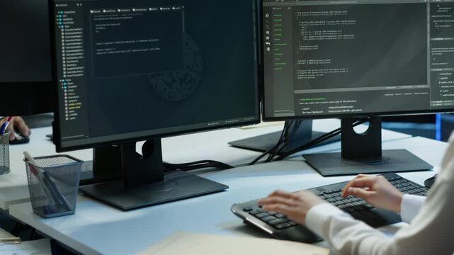 Programmer in data center typing on computer keyboard, ensuring system can handle networking tasks. IT specialist in server farm tracking network traffic with PC, camera A