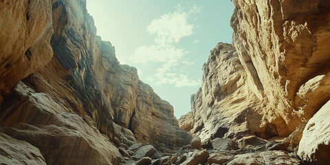Beautiful view of a canyon landscape from the ground level and blue sky with white puffy clouds in the background on a bright sunny day