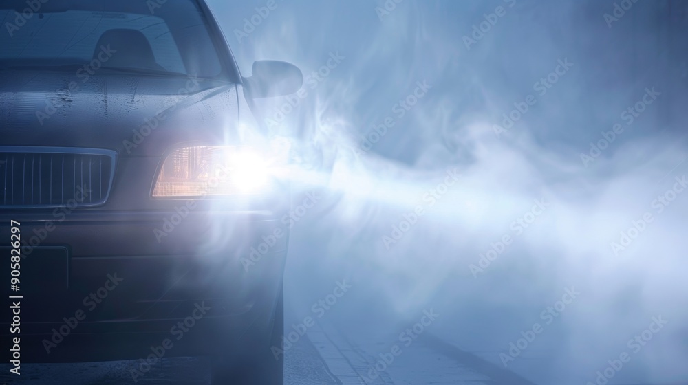 Poster A fog light in action appearing as a bright beam of light piercing through the dense fog and creating a halo effect around the car.
