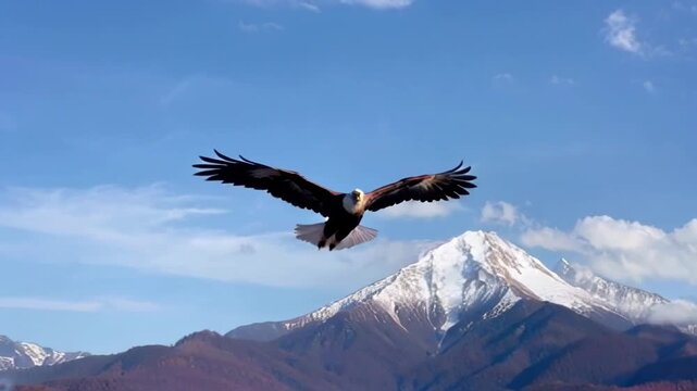 An eagle soars majestically over mountainous terrain, showcasing the beauty of nature and freedom in a cinematic style.