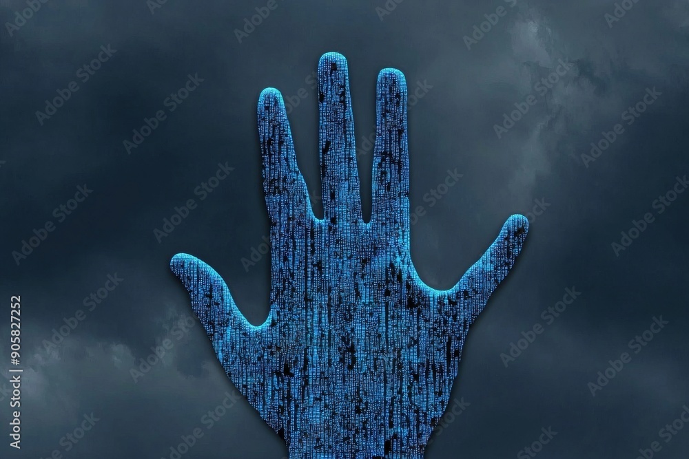 Poster digital hand emerging from a dark background with blue code symbolizing the integration of technolog