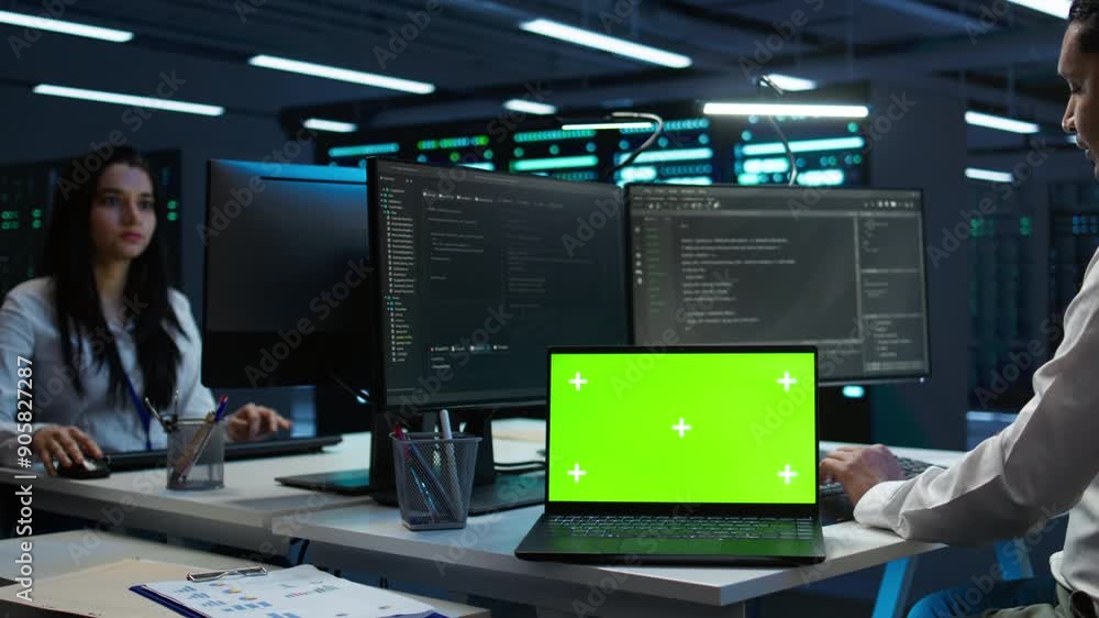 Poster zoom in on green screen laptop used by data center worker troubleshooting issues. engineer uses chro