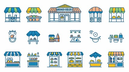 Collection of Food Stand and Shop Line Icons