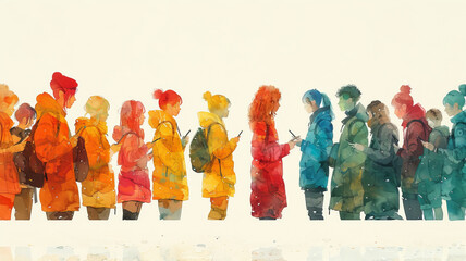 two groups people that looks the same pointing at each other with their mobile phones, arty editorial illustration.generative ai