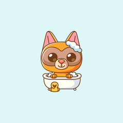 Cute bathing raccoon  time in bathtub kawaii chibi character mascot illustration outline style design