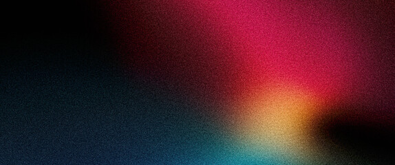 Grainy background abstract red blue yellow glowing color wave black dark backdrop, noise texture banner poster header design