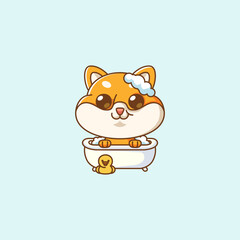 Cute bathing shiba inu dog time in bathtub kawaii chibi character mascot illustration outline style design