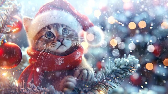 a festive wallpaper featuring cute cat dressed in Santa hats and scarves,  christmas decoration tree. seamless looping time-lapse virtual 4k video  animation background