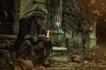 Witch in Dark Garb Holding Candle by Old House in Autumn at Dusk
