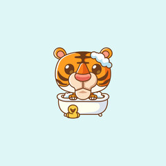 Cute bathing time tiger in bathtub kawaii chibi character mascot illustration outline style design
