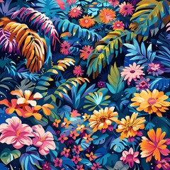 Fototapeta premium Vibrant tropical floral pattern featuring colorful exotic flowers and lush green leaves in a beautiful, artistic composition.