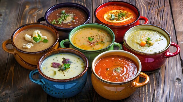 Assorted homemade soups in enamel mugs with healthy food concept
