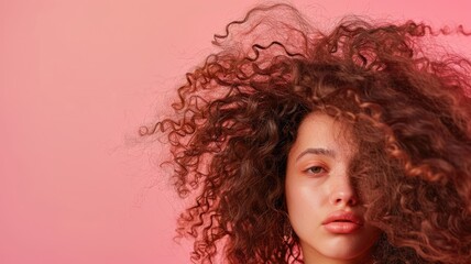 Fototapeta premium Curly-haired woman with mixed-race features on pink background