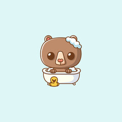 Cute little bear bathing time in bathtub kawaii chibi character mascot illustration outline style design