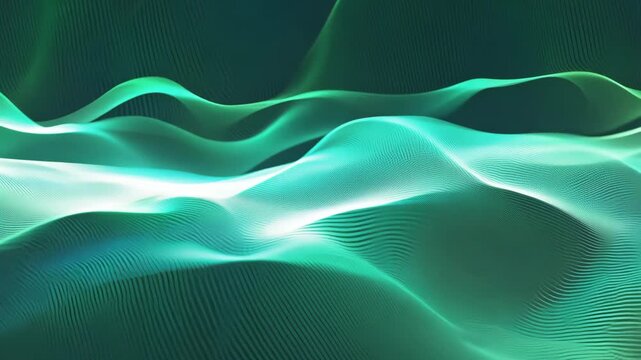 Abstract wavy backdrop animation in light colours at green background. 3D rendering of electro magnetic waves simulation for tech corporative presentation or promo clip.