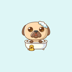 Cute pug dog bathing time in bathtub kawaii chibi character mascot illustration outline style design