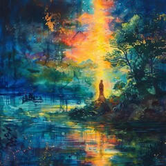 Obraz premium Vibrant abstract painting of a lone figure by a glowing river surrounded by colorful trees and a radiant sky.