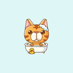 Cute stray cat bathing time in bathtub kawaii chibi character mascot illustration outline style design