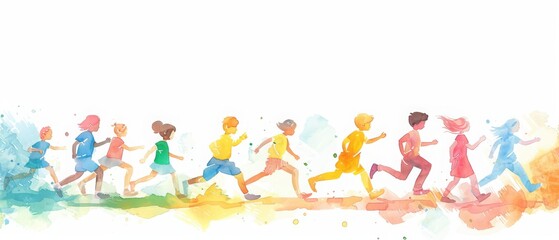 Vibrant watercolor illustration of children running joyfully, celebrating movement and energy in a playful and colorful way.