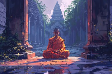 Fototapeta premium A serene monk in vibrant robes meditates peacefully in an ancient temple, surrounded by lush greenery and historic architecture.