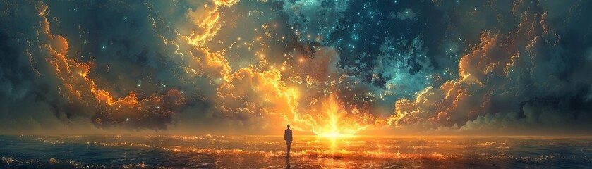 Fototapeta premium A solitary figure stands in front of a blazing sunset sky, reflecting on the horizon's surreal beauty and serenity.