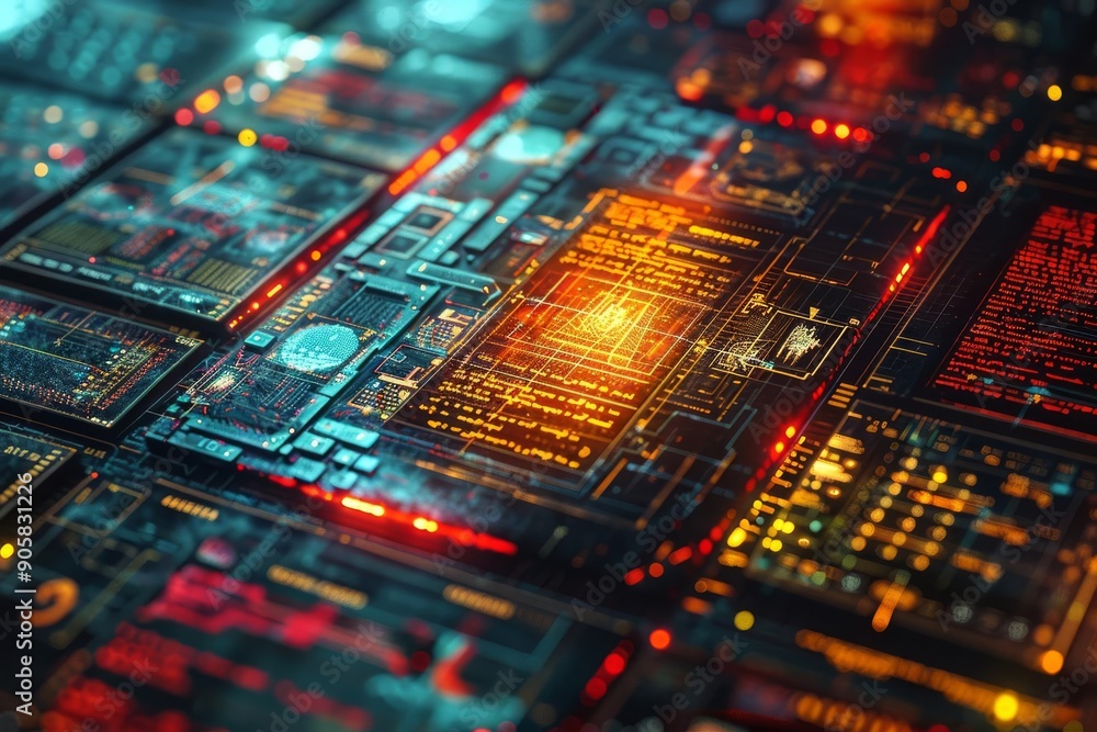 Poster futuristic electronic circuitry with glowing lights and data visuals, representing high-tech and dig