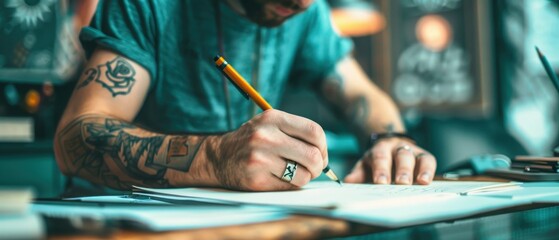 A creative individual writing notes at a workspace, showcasing tattoos and a focused demeanor. Ideal for artistic projects.