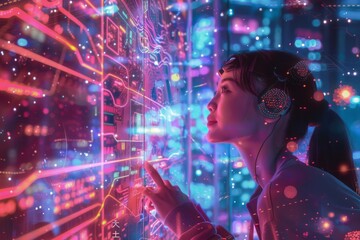 Naklejka premium Woman in a Neon City Interacting with a Holographic Interface