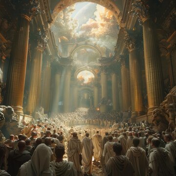 Ancient Roman assembly in a grand hall with majestic pillars and a crowd dressed in togas, bathed in ethereal light.