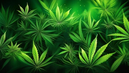 Fototapeta premium banner with psychedelic green background showcasing cannabis plants