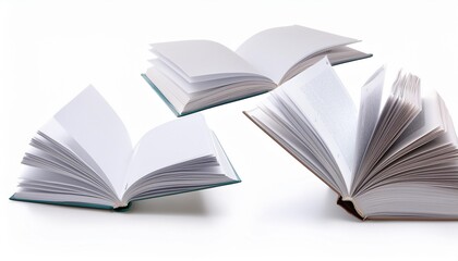 four opened empty books flying forward isolated imagination concept